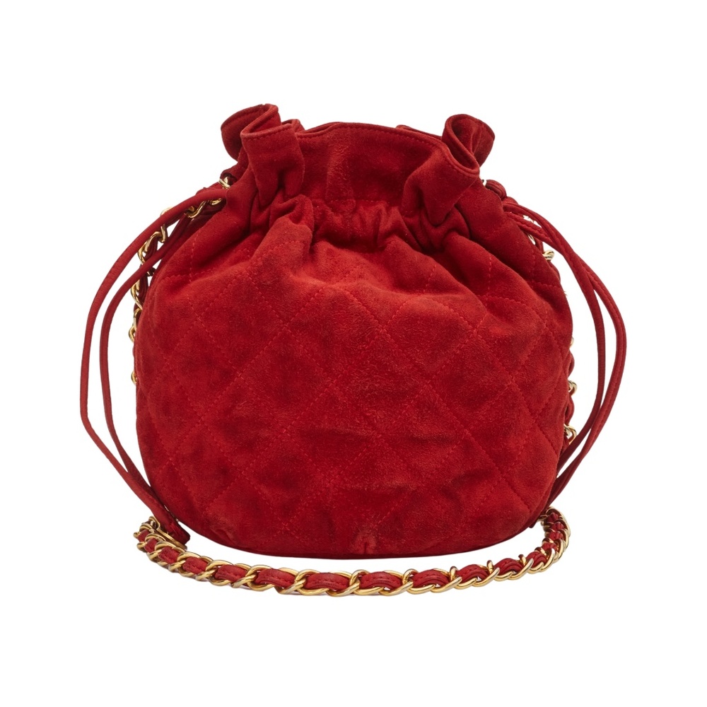 CHANEL RED QUILTED SUEDE MINI DRAWSTRING POUCH BUCKET BAG (CIRCA LATE 80S)